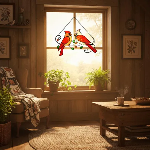 Vista 5 de Colgante de Ventana de Vidrio Emplomado con Pájaro Cardenal, Panel Interior Atrapasoles, Decoración Náutica Atrapasoles para Hogar, Pared, Jardín