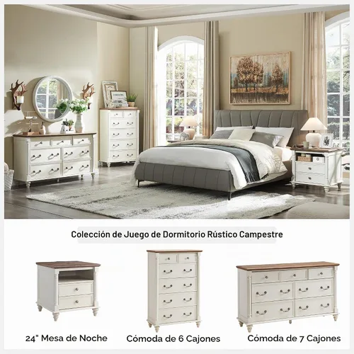 Vista 4 de T4TREAM Farmhouse - Cómoda de 6 cajones con patas de madera maciza, color blanco antiguo