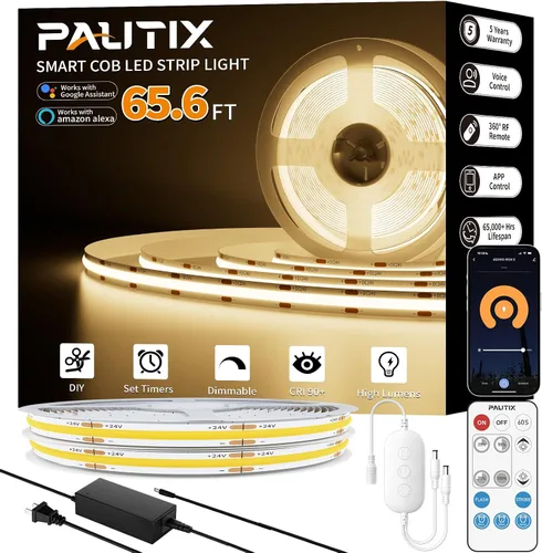 Vista 10 de PAUTIX Tiras de luces LED COB 65.6 pies/20m blanco cálido 2700K, compatible con Alexa/Google Assistant, tiras LED regulables para dormitorio