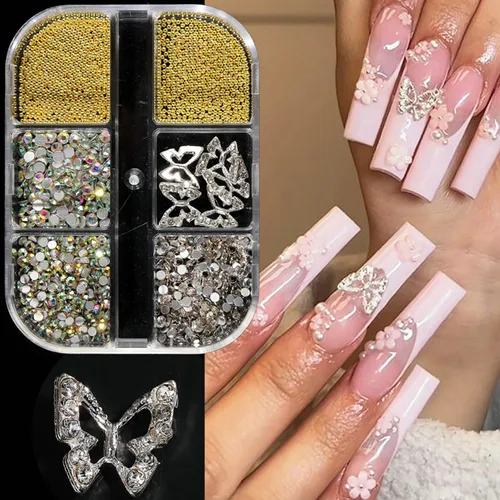 Vista 3 de Dijes de aleación 3D de mariposa para uñas, mariposas acrílicas 3D, diamantes de imitación con perlas, cuentas de caviar, diseño de cristal
