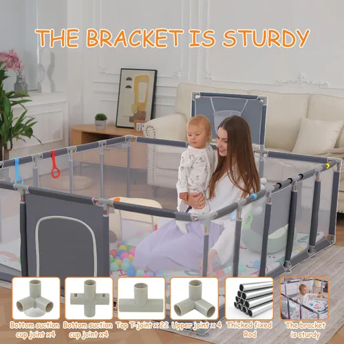 Vista 6 de Corralito para bebés, 79"x71" Corralito para bebés con tapete interior y exterior para bebés y niños pequeños con corralito transpirable con pelotas