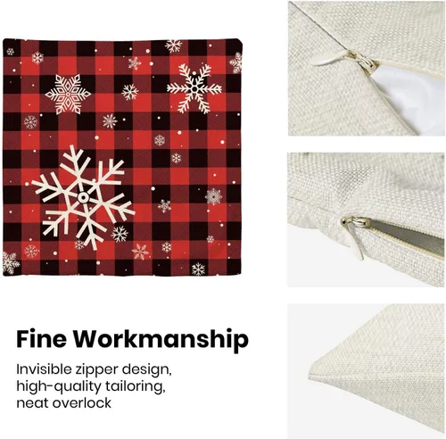 Vista 7 de Fundas de almohada de Navidad 40 x 40 cm, juego de 2 cojines con diseño de copo de nieve, a cuadros color negro y rojo, funda de almohada de búfalo