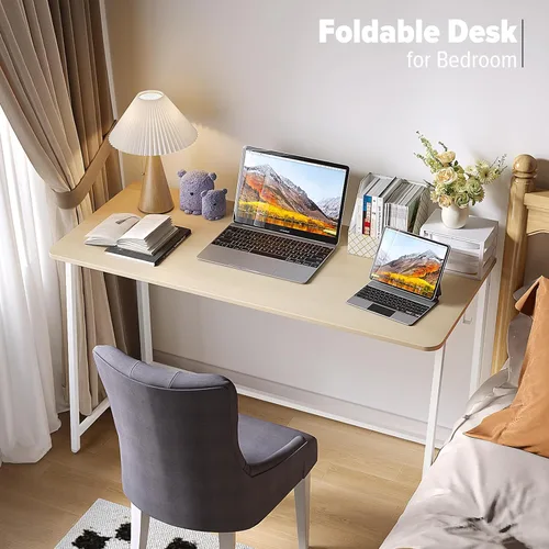 Vista 90 de WOHOMO Escritorio plegable de mármol sintético blanco, escritorio pequeño de 31.5 pulgadas para espacios pequeños con patas doradas, escritorio