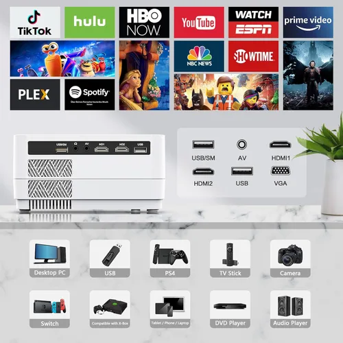 Vista 7 de Proyector Native 1080P con WiFi y Bluetooth bidireccional, proyector de películas Full HD para películas al aire libre, proyector de pantalla de 300