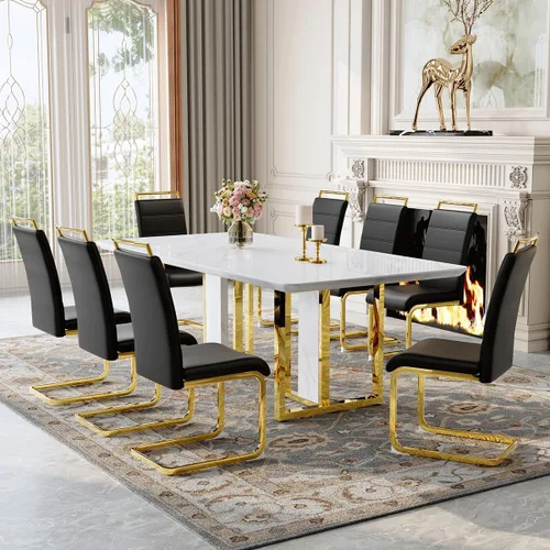 Vista 13 de Juego de mesa de comedor MEMUY de 160 cm para 4 personas, juego de mesa de comedor blanco para 4, juego de mesa y sillas de comedor de mármol