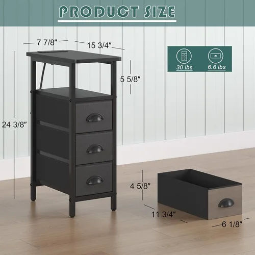 Vista 3 de sthmec Mesa auxiliar con estación de carga, mesas auxiliares LED con puertos USB y tomacorrientes, mesitas de noche delgadas con 3 cajones, mesas