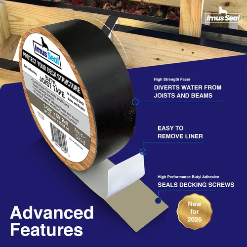 Vista 3 de Imus Seal® Cinta de viguetas de butilo para vigas y vigas de cubierta intermitentes, resistente a los rayos UV, Level Decking™, Protect Your Deck