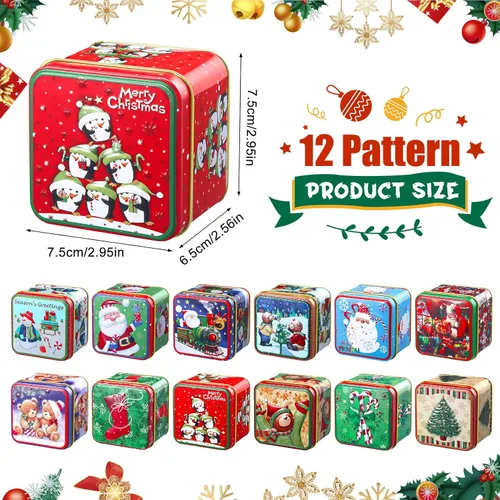 Vista 2 de Sosation 12 piezas de latas para galletas de Navidad con tapas, juego de latas para caramelos cuadradas, cajas de caramelos de metal, contenedores