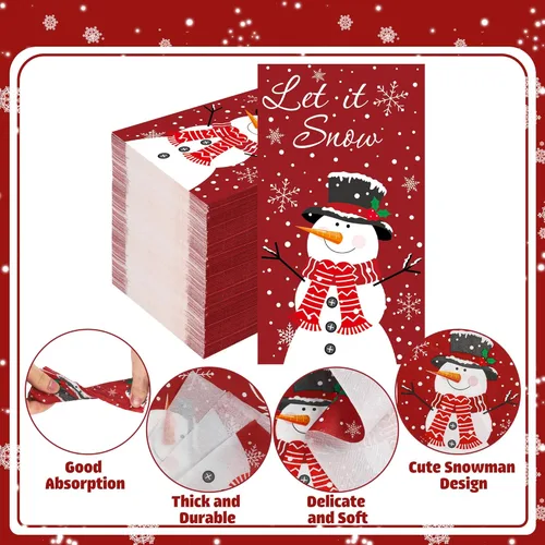 Vista 3 de 50 servilletas de Navidad con diseño de muñeco de nieve de invierno, 3 capas, servilletas de mano de papel de nieve con texto en inglés "Let It