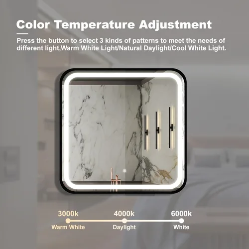 Vista 4 de 32 * 32 inch Bathroom Led Classy Vanity Mirror with High Lumen,Black Metal Frame,Dimmable Touch,Wall Switch Control, Anti-Fog,CRI 95 Adjustable