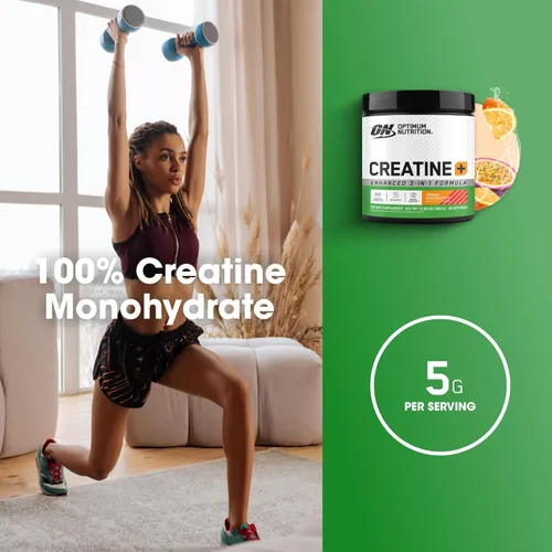 Vista 4 de Optimum Nutrition Creatina Monohidrato Plus en polvo, sabor a maracuyá naranja, mezcla de rendimiento de creatina con electrolitos