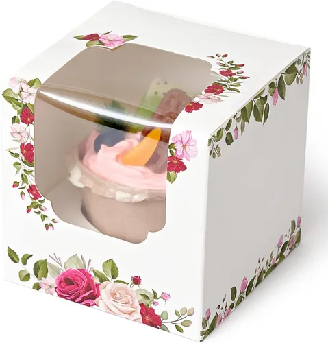 Happyhiram Cajas para magdalenas, 12 unidades, rosas florales, mini caja de regalo individual para el día de la madre, hojas botánicas, recipientes