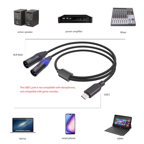Vista 2 de Cable de audio USB C a doble XLR macho de 3.3 pies,Cable amplificador de potencia estéreo macho USB C a 2 XLR, conexión USB c para teléfono móvil