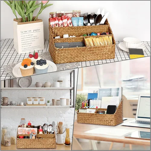 Vista 3 de BTSKY Cesta de almacenamiento tejida de mimbre vertical de hierba marina natural con 4 compartimentos, organizadores de escritorio y soporte