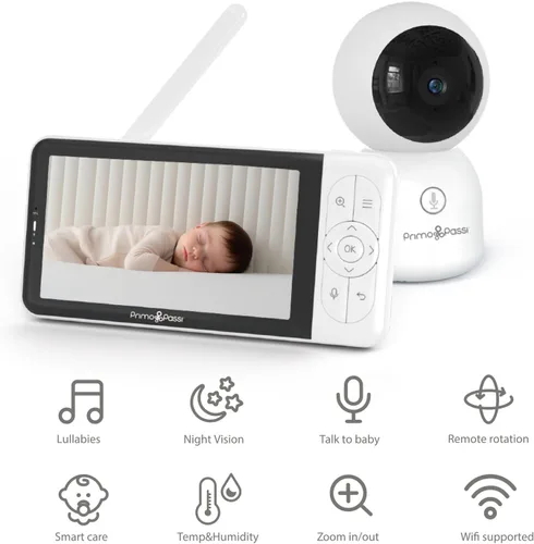 Vista 3 de Primo Passi Monitor de bebé inteligente Wi-Fi con pantalla HD de 5", visión nocturna, audio bidireccional, sensor de temperatura y acceso a