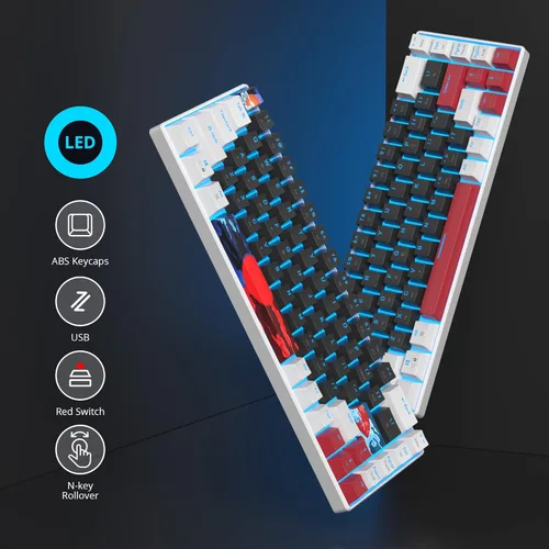 Vista 2 de Teclado 60% para juegos de 68 teclas, teclado mecánico retroiluminado LED, teclado compacto con cable con interruptor rojo para Windows PS45 Xbox
