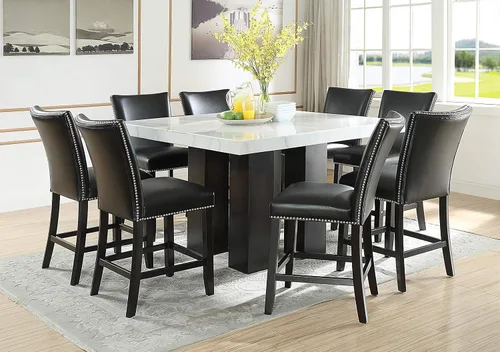 Steve Silver Company Camila - Juego de comedor moderno de 9 piezas con 4 patas anchas color espresso, sillas tapizadas de vinilo, cómodo reposapiés