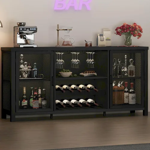 Launica Gabinete de bar de vino negro, gabinete de barra de café con almacenamiento, gabinetes de buffet de cocina de granja con estante para café