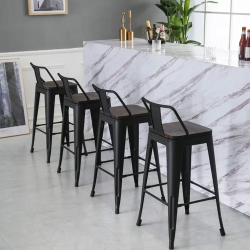 Vista 8 de Yongqiang Taburetes de bar de metal con respaldo, juego de 4 taburetes de altura de encimera de cocina con asiento de madera de 24 pulgadas, negro