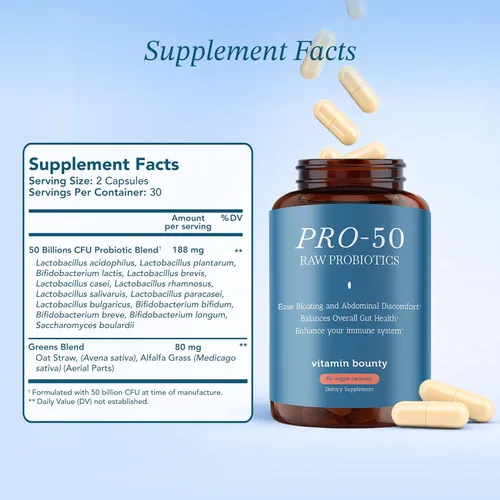 Vista 3 de Vitamin Bounty Pro-50 Probióticos 50 mil millones de UFC para mujeres y hombres – Probiótico de 13 múltiples cepas + prebiótico – Suplementos