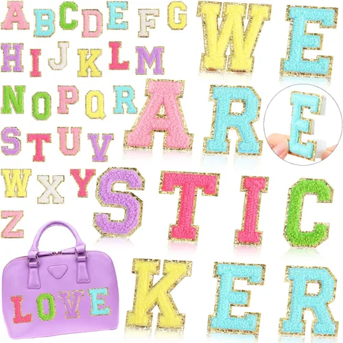 Vista 26 de WILLBOND 52 parches autoadhesivos de letras de felpilla de 2.2/2.8 pulgadas A-Z, calcomanías bordadas del alfabeto para ropa, bolsa, sombrero