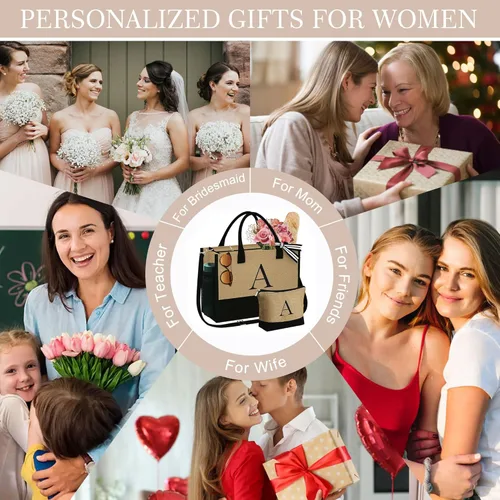 Vista 4 de YOOLIFE Regalos para mujeres Bolsa de yute con inicial y bolsa de maquillaje con bolsillo con cremallera, correa ajustable, regalos de cumpleaños