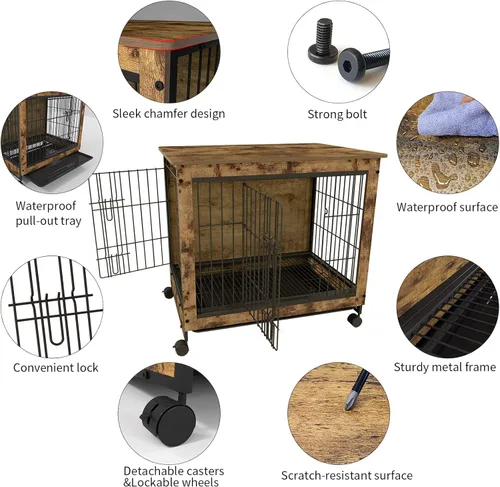 Vista 4 de YOCAN Muebles de madera para perros, mesa auxiliar de jaula de perro de 30.7 pulgadas para perros medianos, puertas dobles de alambre, perreras