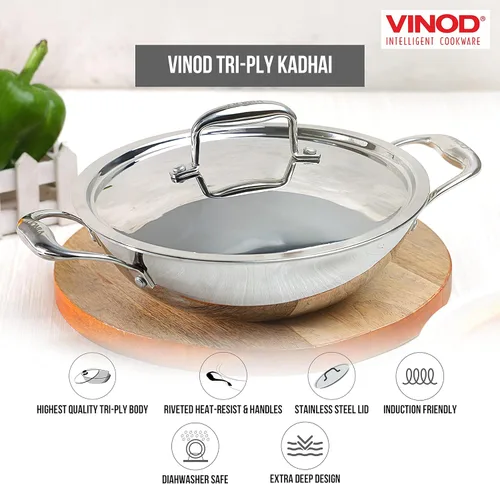 Vista 3 de Vinod Platinum Kadai Triply acero inoxidable Adecuado para cocina india, salsas, guisos, sopas Kadai profundo/extra profundo con tapa