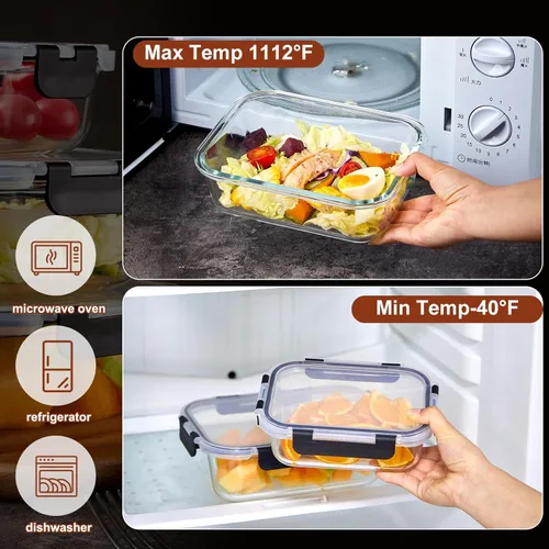 Vista 3 de Paquete de 8 recipientes de vidrio para comida preparada con tapas, juego de almacenamiento de alimentos extra grueso hermético