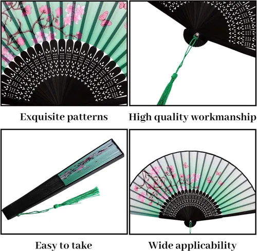 Vista 3 de YKYUASD 4 abanicos florales de mano para mujer, abanicos plegables de bambú de seda, plegables, estilo chino, japonés, patrón retro para bailar