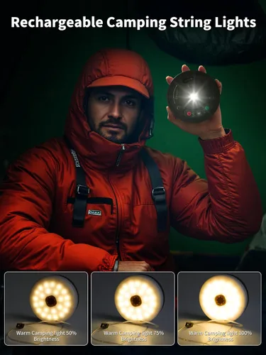Vista 2 de Cadena de luces retráctiles mejoradas para acampar al aire libre, cadena de luces de hadas de 33 pies con banco de energía recargable con broche