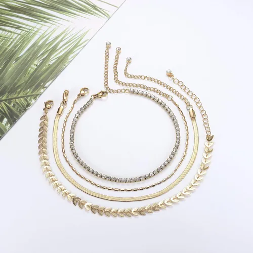 Vista 7 de YADOCA 4 tobilleras doradas para mujer, impermeables, ajustables, de acero inoxidable, tobilleras de playa con eslabones cubanos, Metal, Circonita