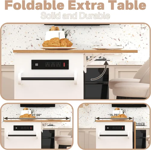 Vista 3 de Isla de cocina sobre ruedas, carrito de isla de cocina rodante con encimera de hojas caídas, carrito de islas modernas con tomas de corriente