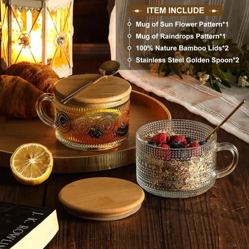 Vista 2 de Tazas de café vintage, contenedores de avena nocturna con tapas y cucharas de bambú - Tazas de vidrio claro grabado de 14oz, lindos accesorios