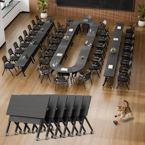 Vista 8 de Mesas de sala de conferencias blancas, mesa de conferencias rectangular plegable con ruedas para reuniones grandes, seminario en casa, oficina Blanco
