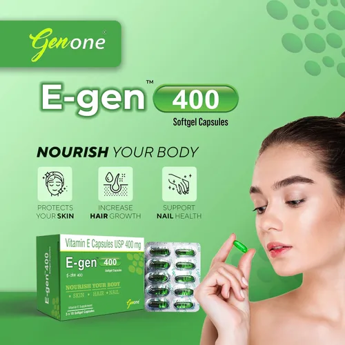 Vista 4 de Genone E-Gen 400 Cápsula de Vitamina E para Rostro Luminoso, Nutrición para la Piel y el Cabello (30 Cápsulas)