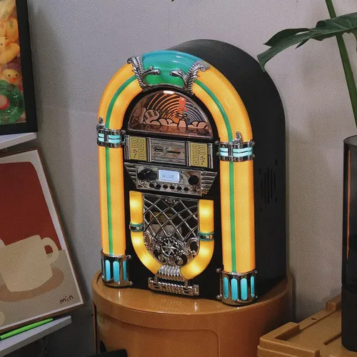 Vista 10 de Arkrocket Athena - Mini Jukebox/reproductor de CD de mesa, altavoz Bluetooth, radio/reproductor de tarjetas USB y SD con sistema de iluminación LED