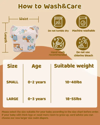 Vista 119 de Alva, Pañales de bebé para nadar, paquete de 2 unidades, talle único, reutilizable, lavable y ajustable de 0 a 36 meses. Tamaño de 10 a 40 lbs