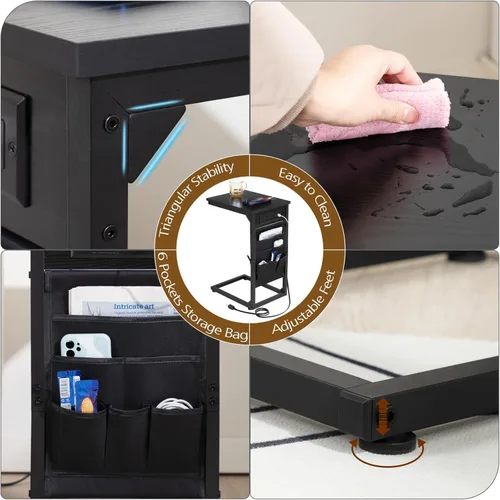 Vista 7 de AMHANCIBLE - Mesa auxiliar en forma de C con estación de carga, juego de bandeja para TV de 2 piezas, mesas de sofá con bolsa de almacenamiento