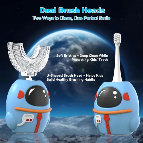 Vista 3 de FTOYIN Cepillo de dientes eléctrico para niños, cepillo de dientes en forma de U con 4 cabezales de cepillo, limpieza ultrasónica de 360°, 5 modos