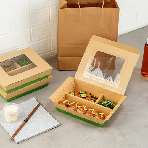 Vista 9 de Restaurantware Eco Tek - Recipientes de comida para llevar de 51 onzas, 100 cajas Bento desechables, 3 compartimentos, ventana transparente, papel