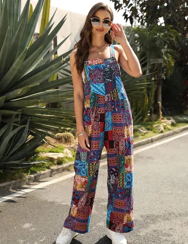 Vista 3 de Himosyber Overol de retazos de doble bolsillo para mujer, diseño holgado con estampado floral, bohemio, de pierna ancha