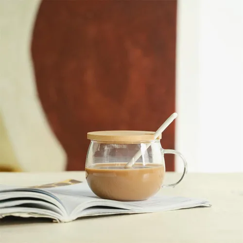 Vista 7 de TREEWOO Good MORNING - Taza transparente para café, postre, leche, té, yogur, juego de 2, vasos redondos de vidrio con asa con tapa de bambú