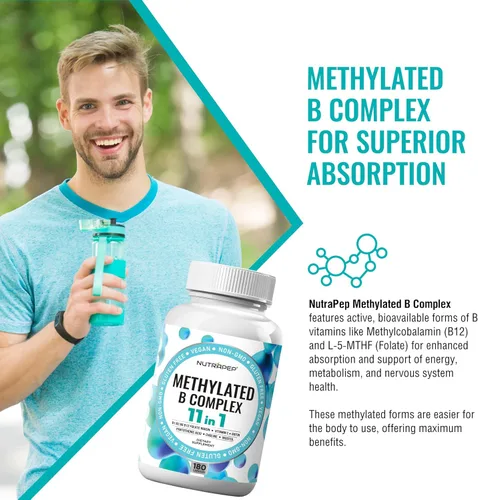 Vista 2 de NutraPep Vitaminas del complejo B metilado – Complejo multivitamínico completo de metilo B con bioactivo B9 5-MTHF B6 B12 – Suplemento de apoyo
