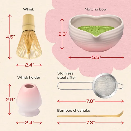 Vista 7 de Rehny’s Juego de batidor matcha Juego completo de matcha con cuenco en forma de corazón, batidor de bambú, soporte, tamiz de acero inoxidable