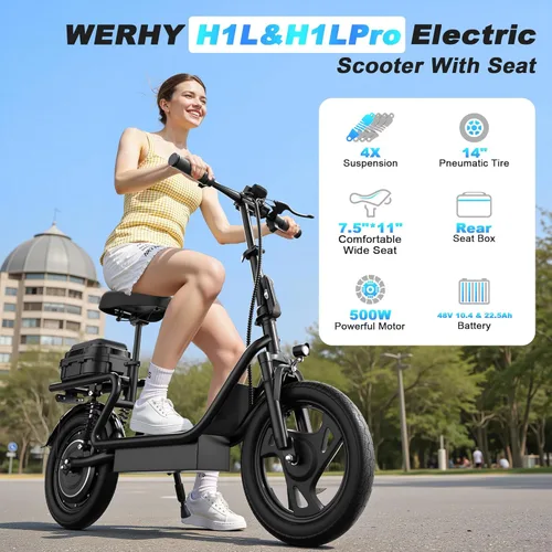 Vista 7 de WERHY Electric Scooter,500W Motor, 14'' Tires, Top Speed 22 mph, Max 27/49 Miles Ranges, Foldable E-Scooter with Suspension &Adult, Digital Display