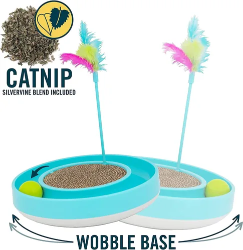 Vista 2 de OurPets - Juguete para gatos Wobble Scratch Track - Juguetes interactivos para gatos de interior con pista de bolas que rueda; varita de plumas