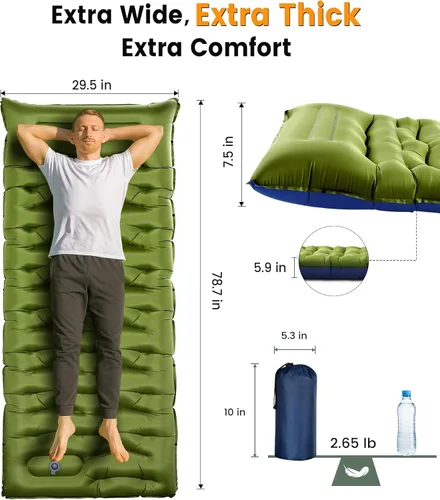 Vista 4 de Colchoneta de dormir para campamento, de 5.9 pulgadas de grosor, con almohada integrada y bomba de pie, almohadilla de dormir autoinflable