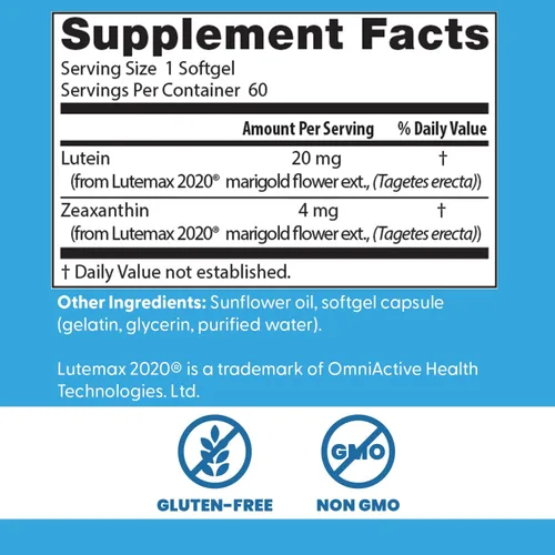 Vista 3 de Doctor's Best Luteína con Lutemax, sin OMG, sin gluten, salud ocular, 20 mg, 60 cápsulas blandas