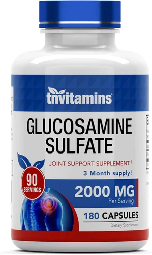 tnvitamins Cápsulas de sulfato de glucosamina de 2000 mg (180 unidades) | Suplemento de apoyo articular para mujeres y hombres | Producido en los